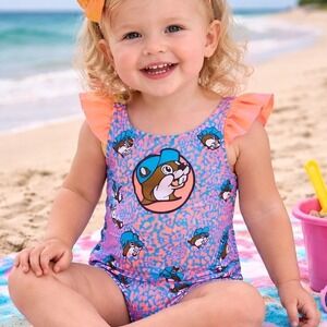NEW Buc-ee's Toddler Girls 2T Coral Orange Blue Beaver Ruffle One Piece Swimsuit